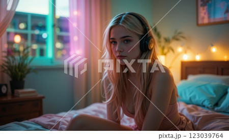 Relaxing at Home: Young Girl with Headphones in Cozy Room 123039764