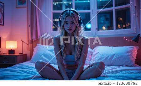 Relaxing at Home: Young Girl with Headphones in Cozy Room Relaxing at Home: Young Girl with Headphones in Cozy Room 123039765