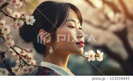 桜を見る美しい若い女性 123039845