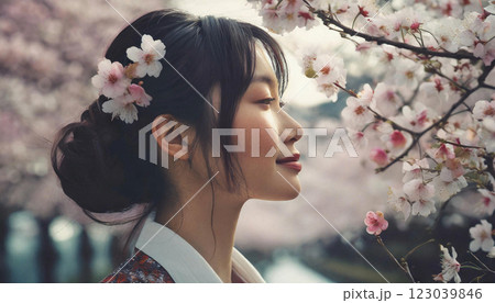 桜を見る美しい若い女性 123039846