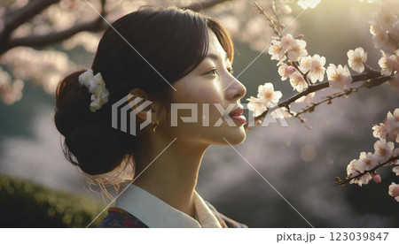 桜を見る美しい若い女性 123039847