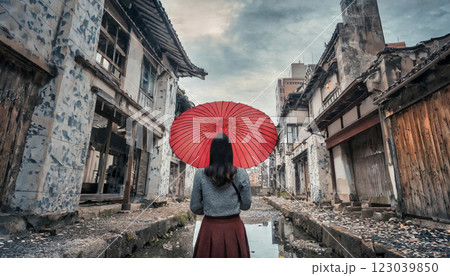 古風なヨーロッパの建物の中雨の中、赤い傘をさす女性 古風なヨーロッパの建物の中雨の中、赤い傘をさす女性 123039850