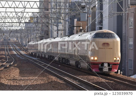 複々線東海道本線 朝日を浴び さくら夙川を通過 特急サンライズ出雲・瀬戸 複々線東海道本線 朝日を浴び さくら夙川を通過 特急サンライズ出雲・瀬戸 123039970