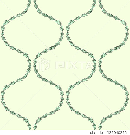 Seamless pattern with black linear floral ogee geometrical motifs on a cream background Seamless pattern with black linear floral ogee geometrical motifs on a cream background 123040253