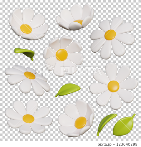White daisy flower with leaves 3D graphic 123040299