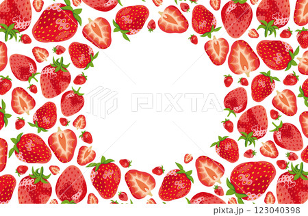 Realistic Vector Red Strawberries Round Frame on White Rectangular Background 123040398