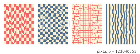 Groovy checkerboard pattern set. Psychedelic checker background pack. Trippy y2k retro vertical textures. Funky abstract poster design templates. Vector playful flat geometric wavy grid illustration Groovy checkerboard pattern set. Psychedelic checker background pack. Trippy y2k retro vertical textures. Funky abstract poster design templates. Vector playful flat geometric wavy grid illustration 123040553