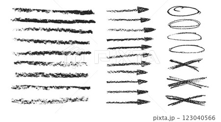 Arrow, underline doodle set. Straight thin pointers, brush strokes, oval emphasis elements. Vector direction arrows and cross by pencil. Grunge chalk graphic freehand illustration set 123040566