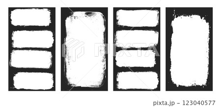Grunge photo frames set templates. Ink paint border with rough edges for social media post banner. Retro textured overlays. Rectangular old black flyers on transparent background. Vector illustration 123040577