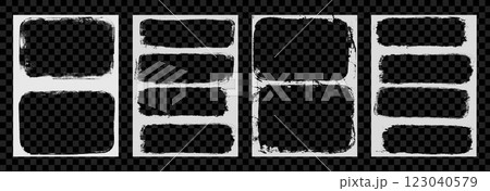 Photo grunge frames set template. Ink paint edges punk border for poster and banner. Retro textured overlays. Rectangular old white backgrounds. Vector distressed design illustration 123040579