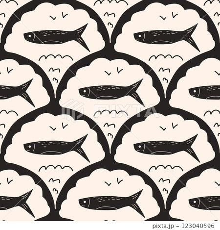 Fish scallop seamless pattern. Sardine stamp allover background. Anchovy repeat cover. Scandinavian stamp continuous ornament. Surface pattern design sea motif. Vector hand drawn illustration Fish scallop seamless pattern. Sardine stamp allover background. Anchovy repeat cover. Scandinavian stamp continuous ornament. Surface pattern design sea motif. Vector hand drawn illustration 123040596