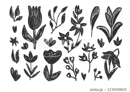 Hand drawn flowers and leaves set. Charcoal linocut poppy, tulip, daisy doodle monochrome. Floral chamomile and marguerite kids chalk style shape. Vector black pencil illustration on white background. Hand drawn flowers and leaves set. Charcoal linocut poppy, tulip, daisy doodle monochrome. Floral chamomile and marguerite kids chalk style shape. Vector black pencil illustration on white background. 123040603