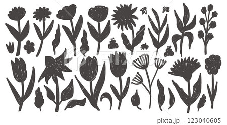 Hand drawn ink flowers and leaves set. Charcoal linocut poppy, tulip, daisy doodle monochrome. Spring floral kids wax chalk style shape. Vector black pencil illustration on white background. Hand drawn ink flowers and leaves set. Charcoal linocut poppy, tulip, daisy doodle monochrome. Spring floral kids wax chalk style shape. Vector black pencil illustration on white background. 123040605