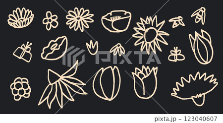 Flowers bud set. Spring tulip, daisy, chamomile and marguerite head plants doodle. Summer floral kids elements. Chalk or pastel style childish shape. Vector naive pencil illustration Flowers bud set. Spring tulip, daisy, chamomile and marguerite head plants doodle. Summer floral kids elements. Chalk or pastel style childish shape. Vector naive pencil illustration 123040607