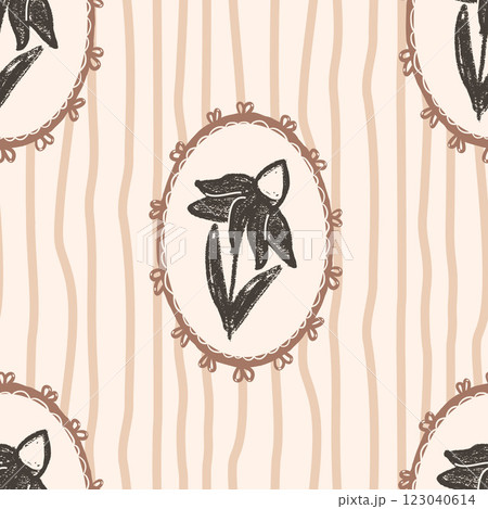 Flowers seamless pattern. floral stencil on vintage frames allover background. Coneflower or daisy in oval border. Vector hand drawn monochrome illustration 123040614