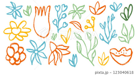 Flowers heads and leaves set. Spring tulip, daisy, chamomile and marguerite head plants doodle. Chalk or pastel style childish shape. Vector naive pencil illustration isolated on white background. Flowers heads and leaves set. Spring tulip, daisy, chamomile and marguerite head plants doodle. Chalk or pastel style childish shape. Vector naive pencil illustration isolated on white background. 123040618