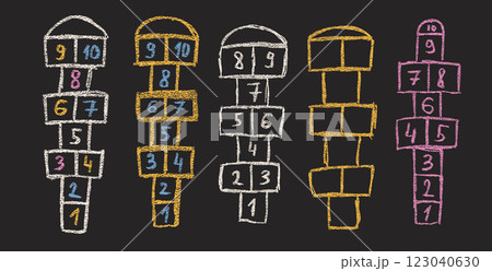 Hopscotch games chalk drawn set isolated on dark background. Children playground outdoor entertainment. Vector colorful wax crayon handwritten illustration 123040630