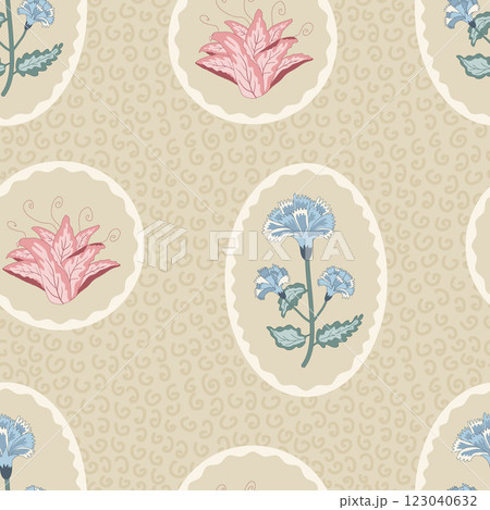 Chintz modern style seamless pattern. Wildflowers in retro frame endless background. Floral repeat cover. Farmhouse continuous ornament. Vector medallion retro print. 123040632
