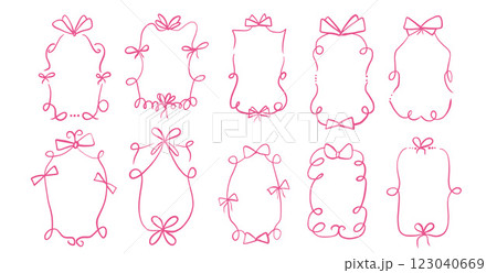 Doodle coquette frames with bows. Vintage line wavy border with ribbons set. Vector cute scribble curly rectangle and oval template foe holiday menu. Minimalistic cadre birthday hand drawn. 123040669