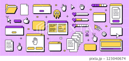 Pixel art retro windows interface. 8 bit browser and popup elements with pointers cursors, arrow and sparkles. Pixel screens in retro 90s style. Ui message borders figures. Vector set illustration Pixel art retro windows interface. 8 bit browser and popup elements with pointers cursors, arrow and sparkles. Pixel screens in retro 90s style. Ui message borders figures. Vector set illustration 123040674