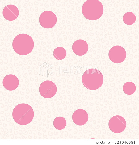 Polka dots seamless pattern. Circle confetti endless background. Pink birthday round elements repeat cover. Colorful chaotic spots continuous ornament. Vector urface design festive motif. 123040681