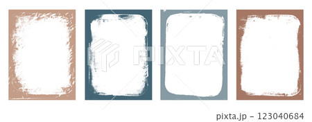 Grunge craft brown and blue frames set templates. Acrylic paint border with rough edges for poster and banner. Retro oil pastel textured overlays. Rectangular vector old taupe abstract backgrounds. 123040684