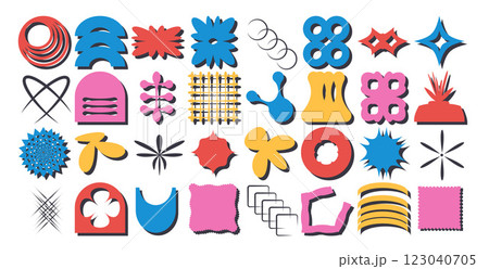 Geometric shapes set. Neo brutalist figures pack. Retro y2k forms. Simple graphic distortion stickers. Vector flat refraction elements collection illustration isolated on white background 123040705