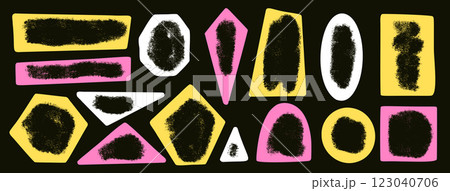 Kids paint geometric shapes with empty space set. Text boxes paint spray textured frames. Rounded and square figures. Vector hand drawn quotation stickers shapes. Graffiti grunge geometry callout 123040706
