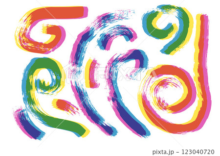 Risograph squiggle and circles ink lines. Vector hand drawn wave round paint shapes riso print. Abstract curve freehand graphic. Scribble expressive paintbrush wobble grunge illustration 123040720