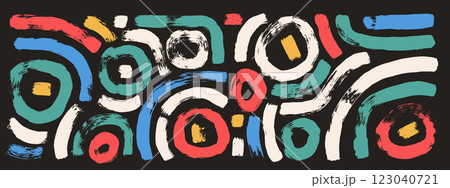 Brush stroke squiggle and circles ink lines. Vector hand drawn wave round paint shapes decoration. Abstract tribal curve graphic. Folk scribble paintbrush wobble grunge background illustration 123040721