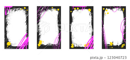 Urban grunge spray story background frames set. Border graffiti template with airbrush lines stroke and splash. Ink and paint punk decor for social media photo. Retro vector texture overlay Urban grunge spray story background frames set. Border graffiti template with airbrush lines stroke and splash. Ink and paint punk decor for social media photo. Retro vector texture overlay 123040723