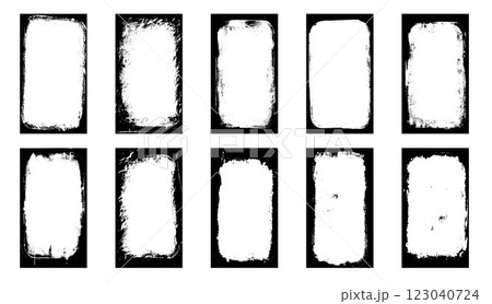 Photo grunge frames stories set template. Ink paint edges punk border for social media poster. Retro textured overlays. Rectangular old black cadre on white background. Vector design illustration. 123040724