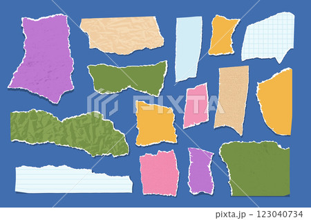 Set of torn edges papers. Tear sheet pieces pack. Note uneven texture stickers badges. Blanks for messages and memo. Scrapbooking small paper shapes. Vector hand drawn collection illustration isolated Set of torn edges papers. Tear sheet pieces pack. Note uneven texture stickers badges. Blanks for messages and memo. Scrapbooking small paper shapes. Vector hand drawn collection illustration isolated 123040734