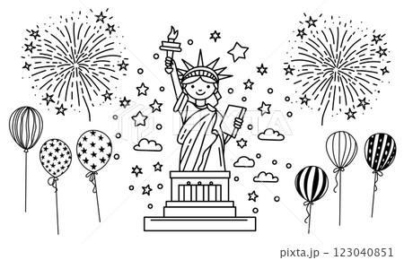 vector illustration in doodle style, set for American Independence Day. Statue of Liberty, fireworks and balloons 123040851