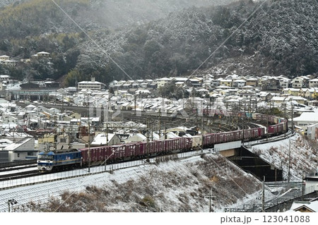 東海道本線　雪景色の山科大カーブを行く　上り高速貨物列車 123041088