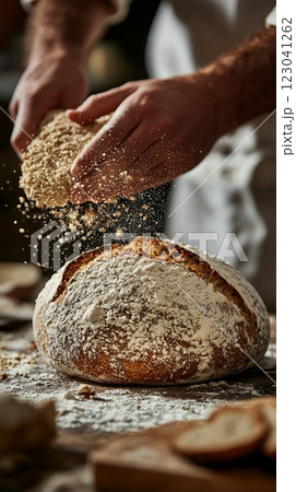 A mature Caucasian male baker dusts a freshly baked sourdough loaf with flour, celebrating National Sourdough Bread Day. The image captures the artisan bread making process 123041262