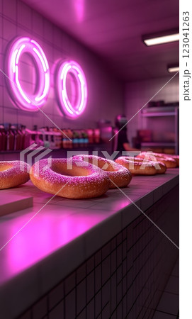 Delightful sourdough bread rings, dusted with sugar, displayed on a counter in a retro style bakery. Perfect for National Sourdough Bread Day celebrations 123041263