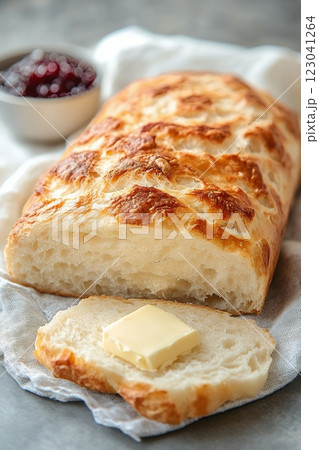 A freshly baked sourdough bread loaf, perfect for National Sourdough Bread Day, sits on a linen cloth with a pat of butter and a bowl of berry jam. Enjoy this homemade delight 123041264