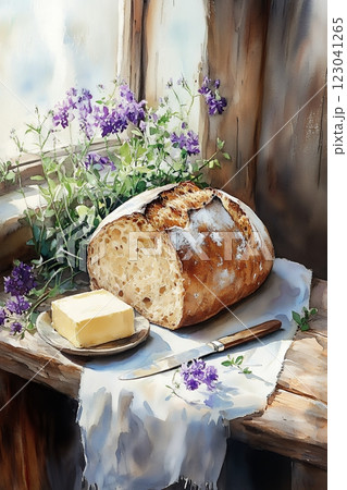Sunlit window frames a rustic still life: crusty sourdough, butter, and vibrant purple flowers on a weathered wood table. A knife rests nearby, completing the charming scene 123041265