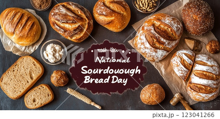 Happy National Sourdough Bread Day! This image features various delicious sourdough breads loaves, rolls, and slices in different shapes and textures. A delightful celebration of this classic bread 123041266