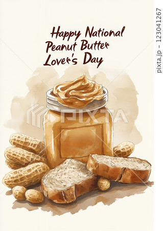 Celebrate National Peanut Butter Lover's Day with this delicious watercolor painting of peanut butter, peanuts, and bread. A perfect image for greeting cards or social media posts 123041267