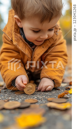 A Caucasian toddler in a mustard yellow jacket plays with copper colored coins outdoors on National One Cent Day. He is happily exploring the fallen autumn leaves 123041268