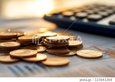 Golden coins, illuminated by sunset, sit atop financial charts near a blurred calculator. This image evokes financial planning and wealth, perhaps celebrating a coin related event 123041269