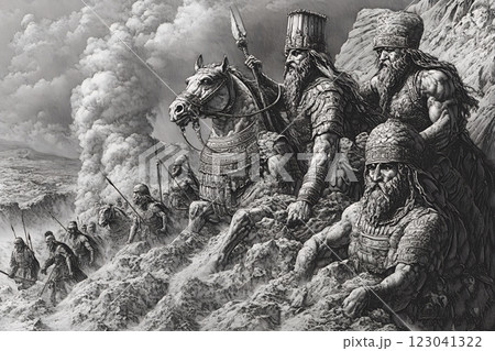 Assyrian kings and soldiers climb a sandy hill, displaying military might and religious devotion during the Akitu festival. The monochrome art highlights the empire's power and New Year celebration 123041322