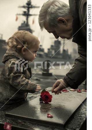 A mature Caucasian man and a young Caucasian child in camouflage clothing place a red rose at a memorial. Asiatic Fleet Memorial Day remembrance 123041333