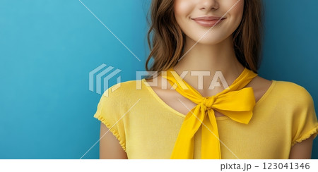 A young Caucasian woman smiles, wearing a cheerful yellow top and matching bow. A symbol of hope and positivity for Endometriosis Awareness 123041346