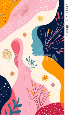Abstract art celebrating Endometriosis Awareness. Fluid shapes and vibrant colors represent feminine strength and resilience. Delicate florals add grace. Perfect for raising awareness 123041347
