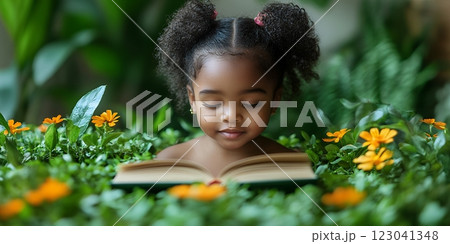 An adorable African female child, nestled amongst vibrant flowers, is engrossed in a book. A heartwarming scene celebrating International Children's Book Day 123041348
