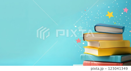 Colorful books stack against a light blue background sprinkled with stars. This vibrant image celebrates reading and imagination, ideal for International Children's Book Day 123041349