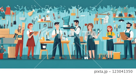 A team of young adult Caucasian men and women collaborate on DIY projects in a well-equipped workshop. Celebrating National DIY Day with handcrafted creations and tools 123041350